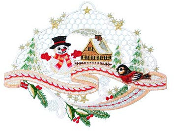 Plauener Spitze Fensterbild Landschaft Schneemann farbig 27 x 21 cm Fensterdeko Fensterschmuck Bilder Handarbeit Deko Fenster