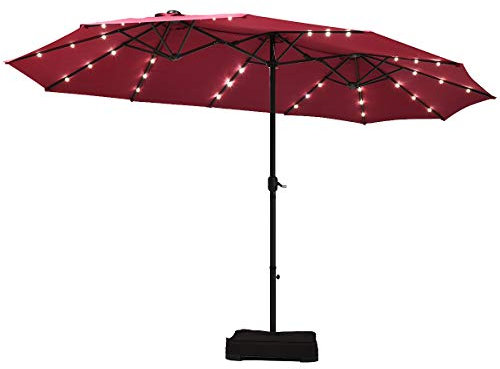 COSTWAY 4.6m Double-Sided Parasol with Base, Solar LED Lights and Crank Handle, Outdoor Extra Large Sun Umbrella, Large Market Sunshade Shelter Canopy for Garden Patio Beach Yard