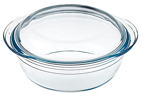 Tradineur - Cacerola redonda de vidrio con tapa, de 11 x 27 x 23 cm, con capacidad de 3 litros. Recipiente de cristal para realizar labores en cocina o pastelería. Molde de cristal para horno