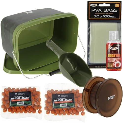 DNA Leisure Bait Storage Camo Bucket 5L Spoon Boilies Hand Held Grinder PVA Bags & Liquid Booster for Carp Fishing