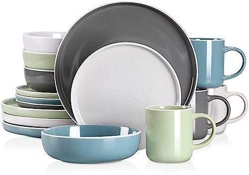 Tafelservice Steingut, vancasso SESAM Geschirrservice, 16 teiliges Kombiservice, mit Kuchentellern, Flachtellern, Kaffeetassen und Schalen, Scandinavian Design für 4-12 Personen