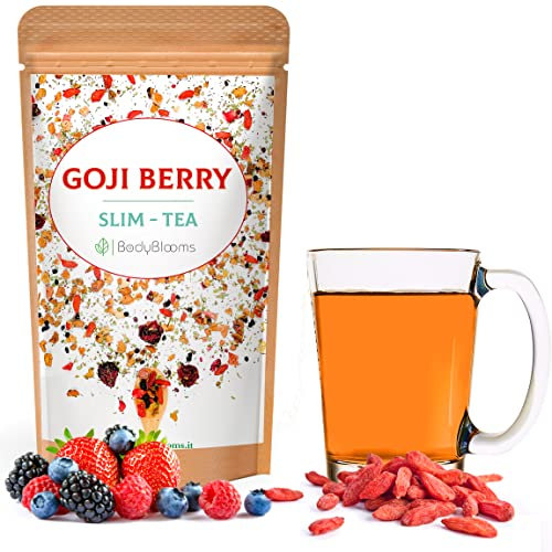 BODYBLOOMS® Tisana Drenante e Dimagrante Con Bacche Di Goji Mela Sambuco More Maté e Fragole a Pezzi. Tisane Drenanti e Sgonfianti Gusto Frutti Rossi Effetto Drenante Forte Dimagrante Da Bere. 100g