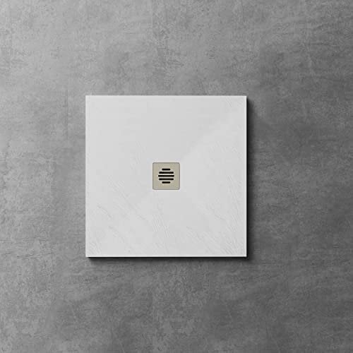 Plato de ducha Resina - Antideslizante Textura Pizarra - Blanco - Disponible en varios tamaños - Incluye desagüe y rejilla - Tapa de acero inoxidable de desagüe - 80x80x3cm