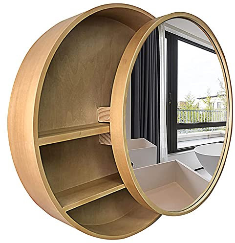 ZXFDM Großer Badezimmerspiegelschrank Make-up-Kosmetikspiegel Runde Badezimmerschränke, Badezimmerschränke Wandmontage mit Spiegel Badezimmerspiegelschrank Holz Medizinschrank,Naturholz,24in