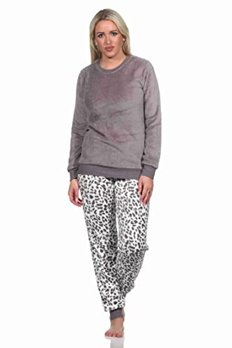 Normann Damen Langarm Schlafanzug Pyjama mit Bündchen aus Coralfleece im Animal Look