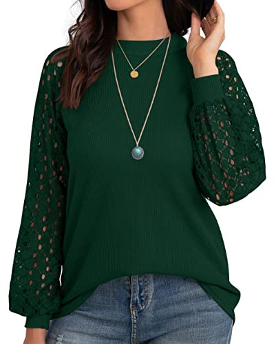 IWOLLENCE Long Sleeve Tops for Women UK Going Out Womens Blouses Round Neck Ladies Dressy Lace Long Sleeve T Shirts Dark Green M