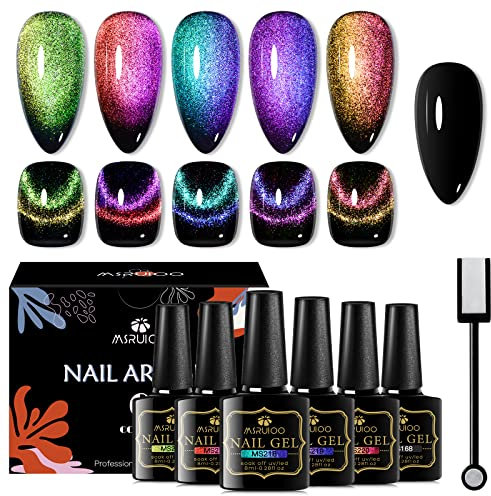 MSRUIOO UV Nagellack Magnetisch Set UV Nagellack Cat Magnet Eye Magnet Shellac Set Cat Magnetisch Eye Gel Nagellack mit 1 Magnetstift Schwarze Basis Farbe DIY Art Maniküre für Nagelstudio