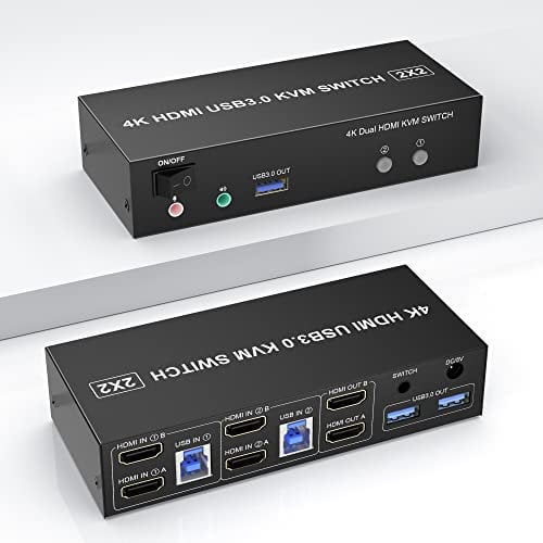 USB 3.0 HDMI Dual Monitor KVM Switch 2 Port, 4K@60Hz HDMI KVM Switch für 2 Computer teilen sich 2 Monitore und 3 USB 3.0 Ports, Audio Mikrofon Ausgang