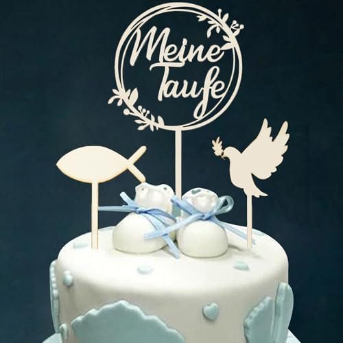 WANYI Cake Topper Taufe Holz Meine Taufe Cake Topper Tortendeko Taufe Personalisiert Taube Fisch Kuchen Deko Tortendeko Party Dekoration für Junge Mädchen(A), CJ-002