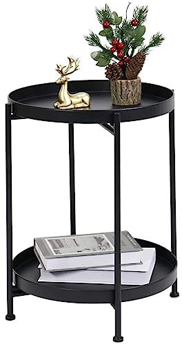 Tavolino rotondo in metallo con 2 ripiani Tavolino Rotondo con Vassoio in Metallo Tavolino da Divano Moderno Tavolino da Tè Ø36 x H51.5 cm per Soggiorno, Camera da Letto, Balcone Patio (Black)