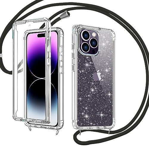 Rosyhulle Glitzer Handykette iPhone 15 Pro Hülle, Handyhülle mit Band für iPhone 15 Pro 6.1 mit Eingebautem Displayschutz, 360 Grad Transparent Silikon TPU Stoßfest Schutzhülle mit Kordel, Schwarz