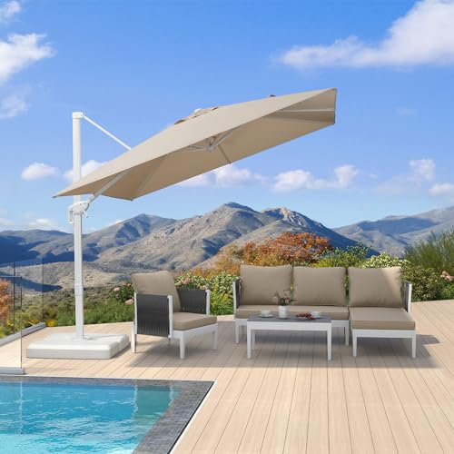 PURPLE LEAF Sombrilla de Exterior de Aluminio Blanco, Sombrillas Jardin Grandes 2,7 x 2,7 m Protección UV 50+ con Manivela, 5 Niveles de Inclinación y Rotación de 360°, Caqui