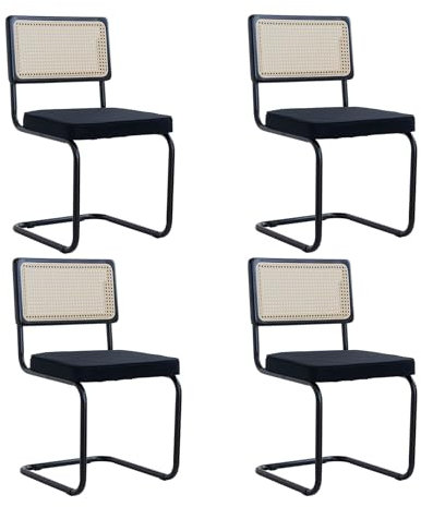 EGOONM 4er Set Moderne Esszimmerstühle Mitte des Jahrhunderts, Gepolsterte Küchenstühle mit Rattan-Rückenlehne für Zuhause, Schlafzimmer, Küche, Wohnzimmer (Niederland Samt -Schwarz)