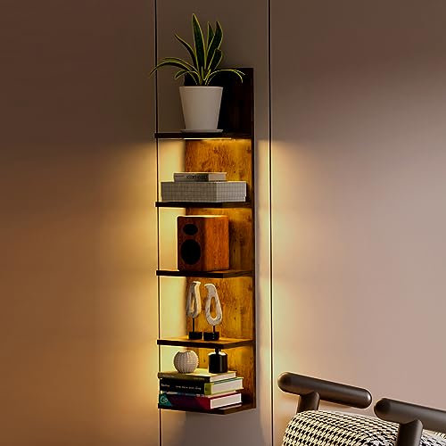 Homaterial Wandregal mit 5 Ebenen, Wandmontage, vertikales Lackregal mit Licht, modernes Säulenregal, schwebendes Regal, Wanddekor-Regale für Schlafzimmer, Wohnzimmer, Schminktisch (dunkelbraun)