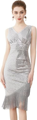 MUNAFIE 20er Jahre Kleid Glitzer Pailetten Fransen V-Ausschnitt Kleid für Damen 1920er Gatsby Charleston Flapper Party Kleider Kostüm Damen Silber-XL