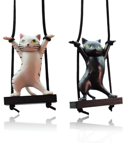 Schaukel Katze Auto Innenraum Deko, 2 Stück Autozubehör zum Aufhängen, Auto-Spiegelaufhängung, Wackelkopf Figur Auto Autodeko, für Autospiegel, für Männer und Frauen, schwarz, grau