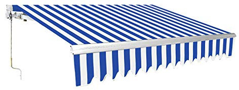 ISOISL Gelenkarmmarkise 350 x 300 cm Balkon Markise Manuelle Sonnenmarkise Terrassenmarkise Sonnenschutz, Alu und 280g/㎡ Polyester Markisen, für Balkon, Terrasse, Innenhöfen, Blau und weiß