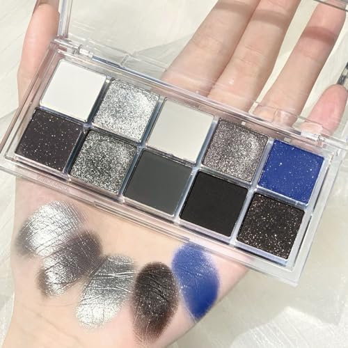 KARLOR Smoky makeup Lidschatten Palette, 10 Farbe Lidschatten Grau Silber Schwarz Blau Lidschatten Glitzer Matt Perlglanz Punk Augen Make up hochpigmentiert Eyeshadow Palette
