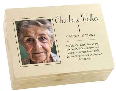 LAUBLUST Trauer Erinnerungsbox - Trauerkiste Personalisiert mit Name, Wunschtext oder Foto | Erinnerungsbox Verstorbene - Holzkiste Natur, FSC® (Erinnerung Motiv, ca. 40 x 30 x 14 cm | L)