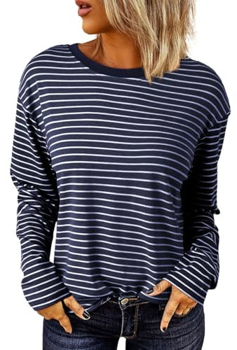 Dokotoo Damen Langarmshirt Basic Streifen Rundhals Longsleeve T-Shirt Casual Oberteile Shirt Tops, blau, XL