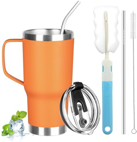 GUDEMAO 20 oz Tumbler with Handle, Stainless Steel Insulated Tumbler with Lid and Straw, Double Wall Vacuum Insulated Coffee Mug Tumbler, Insulated Coffee Thermal Cup for Cold and Hot(Orange)