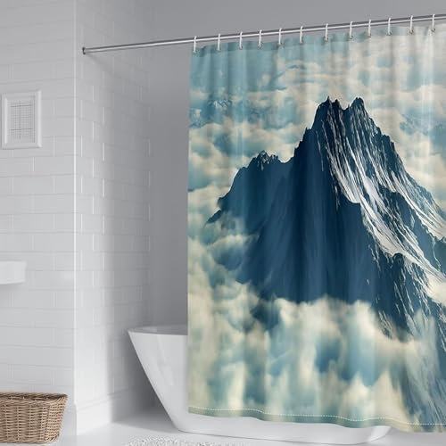 Whoiy Rideau de Douche Tissu Polyester Lavable, Rideau Baignoire Motif Montagne Moderne Rideau Douche Anti Moisissure Gris Blanc 150 x 200 cm