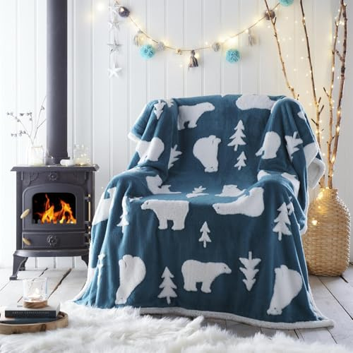 Portfolio Living Polar Bear Throw Teal Fleece Blanket Reversible Sherpa 130x170cm
