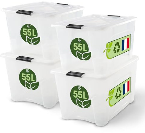 Iris Ohyama Aufbewahrungsboxen mit Deckel, 55L, 4er-Set, Transparent, Sicherer Verschluss, Stapelbar, Griffe, Schlafzimmer, Schrank, Büro, Organisation, BPA-freies Plastik, Ordnungsboxen, BSB-55