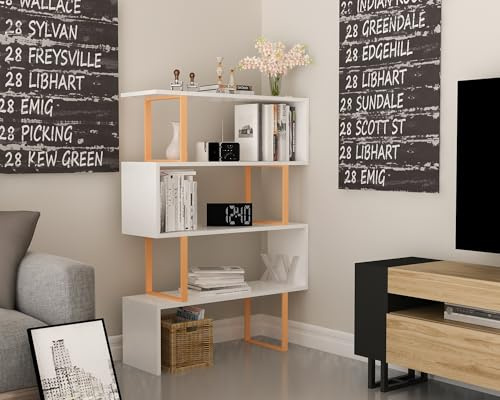 Hanah Home Modern Gold & White Bookshelf, 91.5 x 124.5 x 29.5 cm | 100% Melamine Coated Particle Board, 18 mm Thick, Metal Frame | Wall-Mountable, Stylish Storage Solution