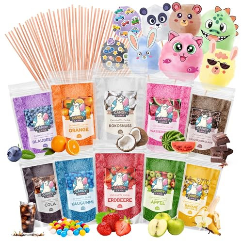 CANDY LAMA Zuckerwatte Zucker Set | 10 x 250g | inkl. 100 Zuckerwattestäbe | 100% Vegan & Allergenfrei | Ideal für Zuckerwattemaschine | 8 essbare Dekorationen