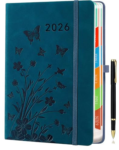 Kalender 2026 A5 – Tageskalender 1 Tag pro Seite, Tagesplaner & Terminkalender, Buchkalender, Jahresplaner Jan.–Dez. 2026, Mit bunten Monats-Tabs, Pfauenblau, Inklusive Stift und Deutsche Feiertage