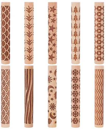 UNICRAFTALE 10Pcs 10 Styles Ensemble de Rouleaux de Texture en Bois pour Argile Poterie Céramique Potiers Tampons Outils Rouleaux à Pâtisserie Texturés Kit de Modelage pour Bricolage Artisanal