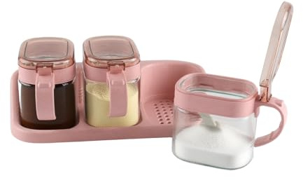 ZoeQide Set di 3 contenitori per spezie, 300 ml, in vetro, con coperchio e cucchiaio, portaspezie su vassoio con supporto per sale, zucchero, caffè, cucina, organizer per spezie, rosa