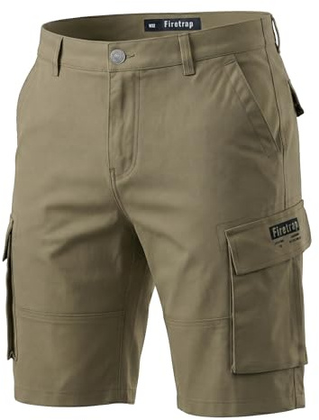 Firetrap Men's Lightweight Stretch Cotton Cargo Chino Shorts Khaki