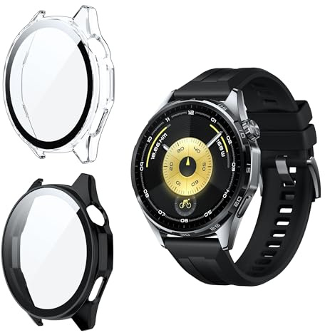 Effcotuo 2 Stück Hülle für Huawei Watch GT 6 46MM mit Schutzfolie für Panzerglas Displayschutzfolie Handyhülle Cover Vollschutz Gegen PC Folie-Hülle Komp Gehärtetes Anti-Scratch
