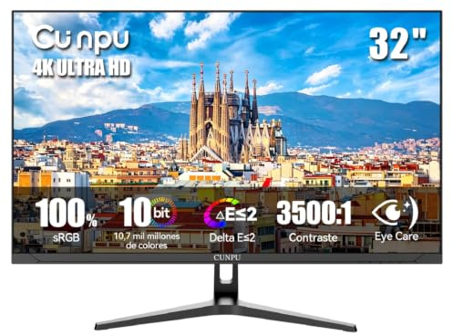CUNPU 4K Monitor 32 Zoll, 1,07 Mrd. Farben, 100% sRGB, 95% DCI-P3&AdobeRGB, VA, Augenschonend, VESA(75X75mm), HDR, HDMI*2 DP*2, Für professionelles Arbeiten, Design & Content