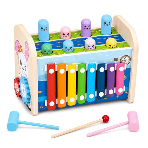 Juguete Montessori 4 en 1 de Madera con xilófono, Banco de Martillo, 3 años | Juegos educativos para niños de 3 años con 8 piezas móviles, engranajes y reloj para motricidad fina y causa-efecto