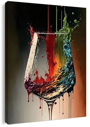 Tela artistica da parete incorniciata – astratta decorazione da parete colorata a forma di bicchiere di vino, decorazione moderna da parete per soggiorno, sala da pranzo, cucina o bar, decorazione per