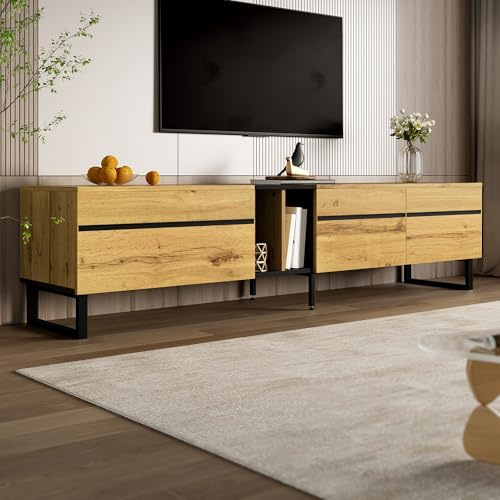 Gxffipw TV Schrank Lowboard Länge 180 cm für Fernseher bis zu 75 Zoll, Fernsehschrank TV Board mit Türen und Offenen Fächern, Fernsehtisch Wohnzimmerschrank mit Stauraum, Wohnzimmer Möbel, Holzfarbe