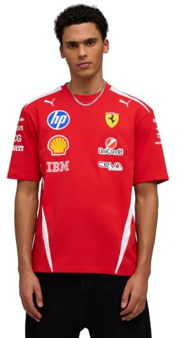 PUMA Scuderia Ferrari F1 2026 Herren Team Fahrer-T-Shirt - Rot | Alle neuesten Team- und Partnerlogos, Offizielle lizenzierte Replica-Sammlung, Unisex-Normalpassform