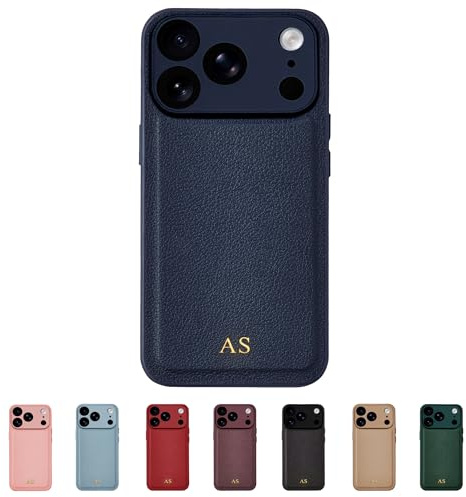 Tirita Personalisierte Handyhülle für iPhone 17 Pro Hülle - Handyhülle Selbst Gestalten aus Veganem Leder & Initialen Personalisieren - Geschecke für Frauen & Männer - Marineblau, Gold