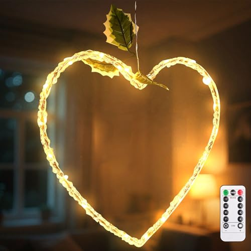 LED Herz Lichterkranz Fenster, Frühlingsdeko Fensterdeko Beleuchtet mit Fernbedienung Timer, 8 Modi Fensterdeko Hängend Deko Wohnzimmer Sterne Fensterbeleuchtung für Valentinstag Ramadan Deko (A)