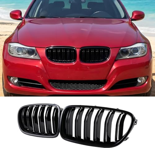 Hengjiayao Nieren Schwarz Kühlergrill für BMW 3er E90 E91 2009-2012 LCI | Streifen Nieren Schwarz Grill LCI Glanz Doppelsteg Sport ABS Kühlergrill Gitter Frontgrill Kühlergitter
