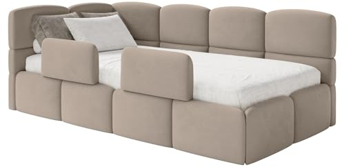 Selsey Jugendbett 120x200cm Beige mit Matratze und Lattenrost, gepolstertes Polsterbett mit Stauraum und Bettkasten, Kinderbett mit 2 Schutzbarrieren, Jugendbett linksseitig mit Eckkopfteil