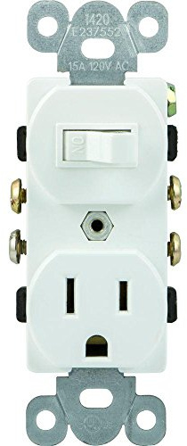 GE Wall Switch & Outlet Combo, Two-in-One Receptacle, 1 On/Off Toggle Power Switch, 1 Grounded AC Outlet Wall Plug, Single Pole, 3 Prong, 15 Amp, UL Listed, White, 59797