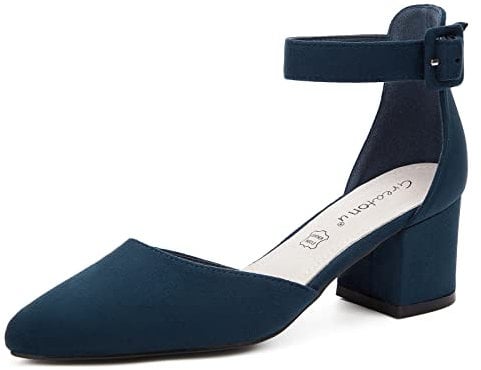 Greatonu Womens Blue Block Heel Pointed Toe Strap Sandals Court Shoes Size 3 UK/36 EU