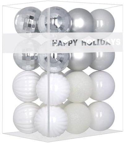 24 palline di Natale per albero di Natale, infrangibili, perfette da appendere, colore bianco e argento, 4,1 cm x 24 pezzi