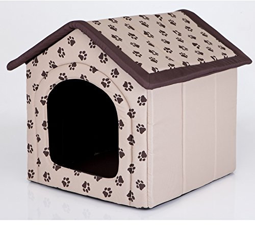 millybo Hundehöhle Hundebett Hundehaus Hundehütte R1-R6 (R4 (60 x 55 cm), beige mit Muster (Pfötchen))