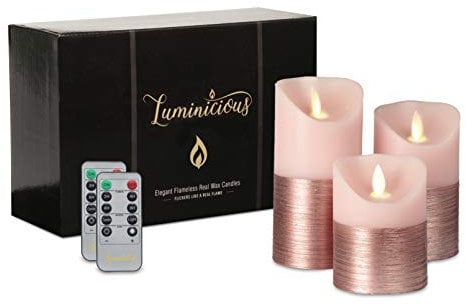 Flameless Candles Flickering LED | Battery Operated Electric Pillar Candle | Realistic Moving Flame Flicker with Remote Control & Timer | Real Wax Pink Trim | Great Home Decor | Decorative Gift