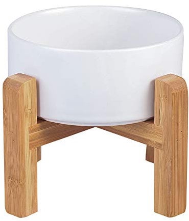 Gamelle blanche en céramique pour chien et chat avec support en bambou